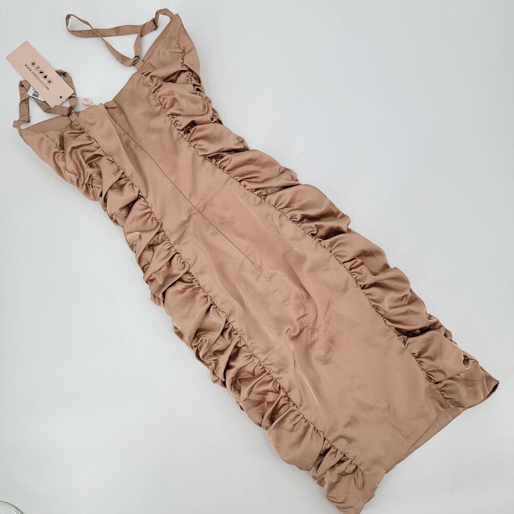 Oh Polly Womens 8 Tan Rouched Spaghetti Strap Underwire B Bra Bodycon Dress NWT - Picture 2 of 13